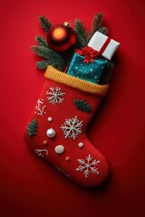 Christmas Stocking Filled with Ornaments Gift and Candy Canes on Red Background for Holiday Celebration