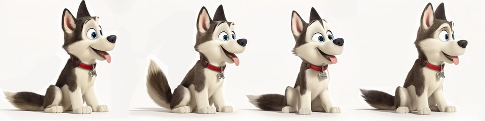 A cute, animated husky dog shows its cheerful personality with a big smile and wagging tail. This delightful character embodies joy and playfulness in a vibrant environment