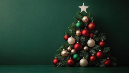 Minimalistic Christmas Tree Design with Red Green White Ornaments against Green Background for Holiday Themes