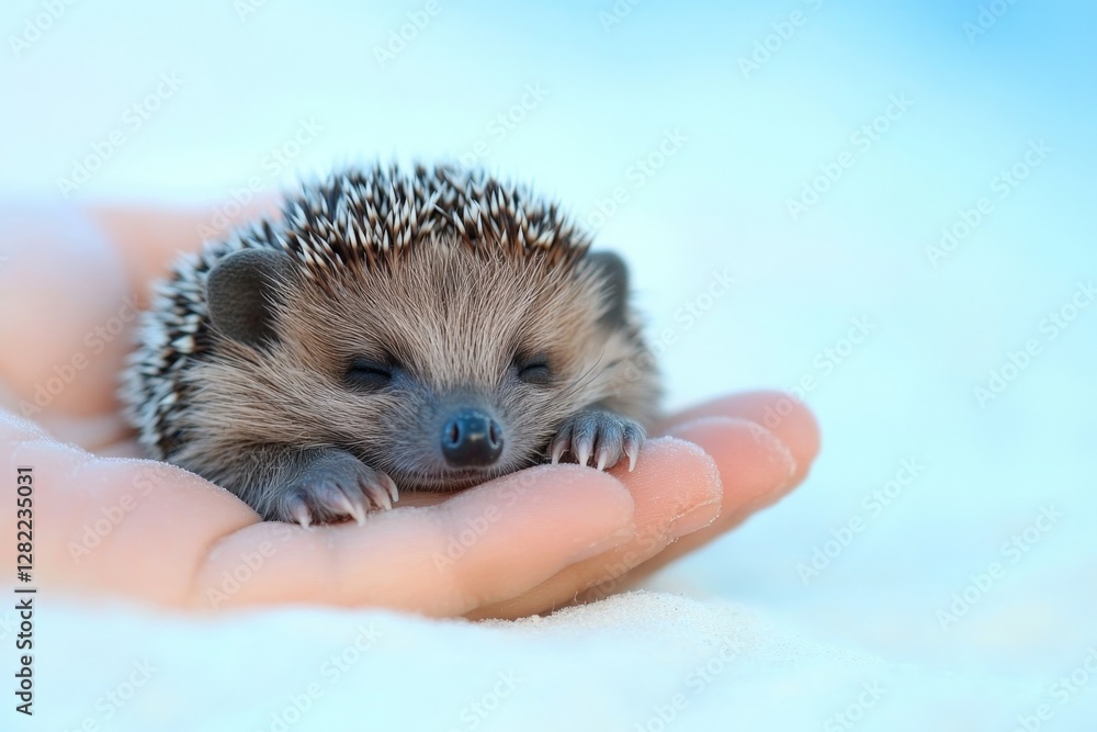 Poster small hedgehog resting peacefully in an open palm against a soft blue background in a serene setting
