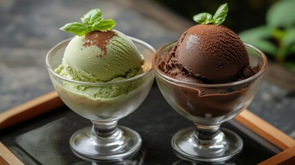 Matcha green tea ice cream in a glass cup, placed alongside chocolate ice cream with cocoa powder garnish in a dessert pairing for summer.