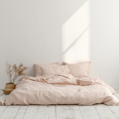 Blush pink linen bedding on white floor.