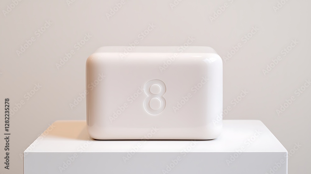 Poster minimalist white box with embossed eight on display in a modern showcase with clean aesthetics