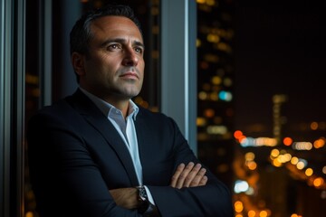 Businessman in a suit looking thoughtfully out a window at city lights during evening hours