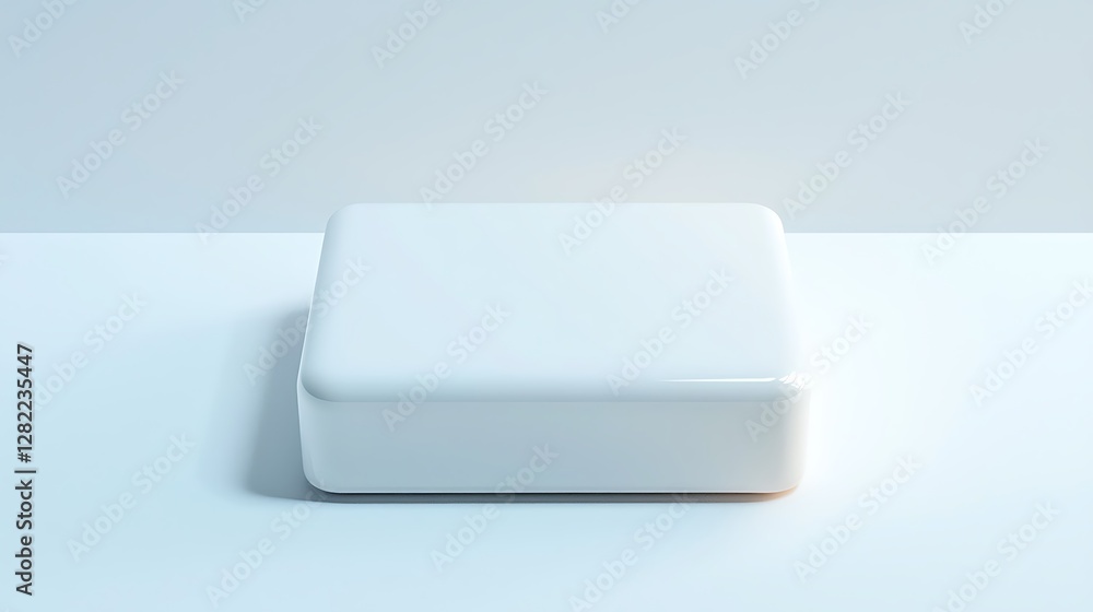 Poster minimalist white rounded box on soft blue backdrop for product display and stylish showcase design