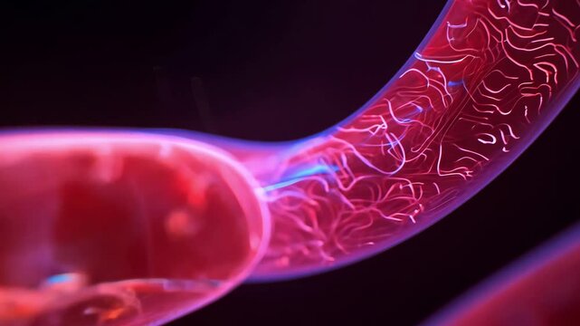 A highly detailed 3D-rendered image of blood vessels with glowing microorganisms, depicting a futuristic or medical concept of microbiology.  
