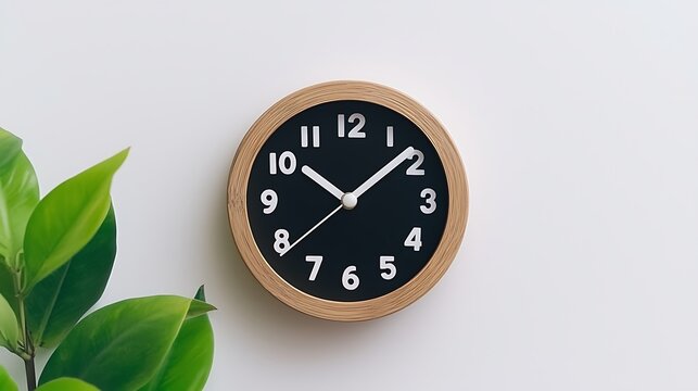 Minimalist Wooden Clock Featuring Elegant Time on a White Wall with Leafy Plant Display