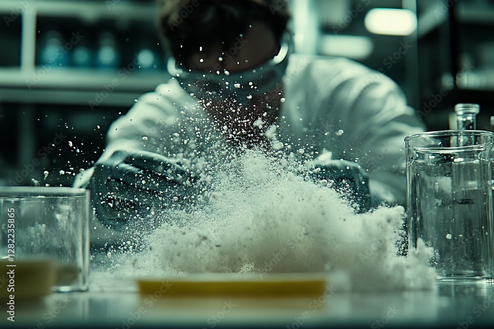 Poster scientist conducts experiment creating a cloud of white powder in modern laboratory setting