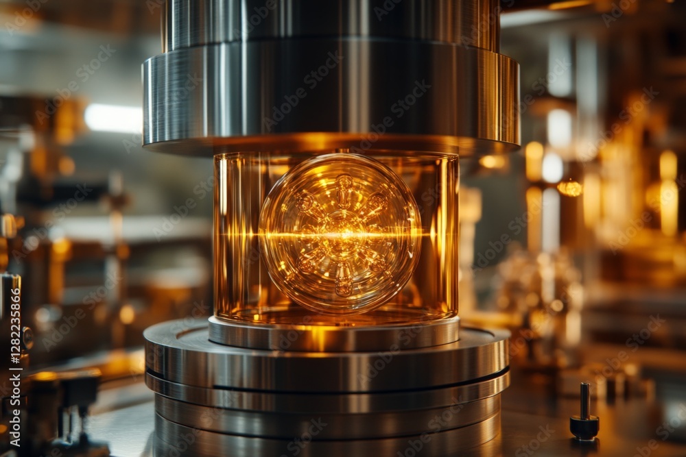 Poster advanced machinery in a laboratory setting involves a glowing object surrounded by intricate metal c