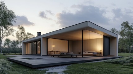 Modern Minimalist House Design: Dusk Exterior with Terrace