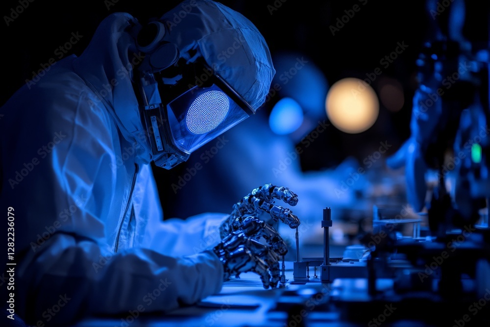 Poster technicians working on advanced robotics in a dimly lit laboratory during nighttime