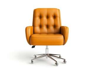 Fototapeta premium Modern Orange Swivel Chair with Tufted Back Resting on White Surface Office Furniture Aesthetic Appeal