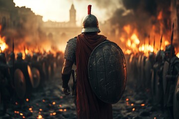 Soldier stands resolute amidst flames and chaos during a historical battle in a war-torn city