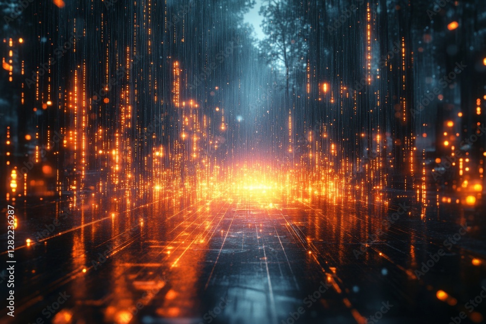 Aufkleber glowing data streams illuminate a forest path in a futuristic digital landscape at twilight