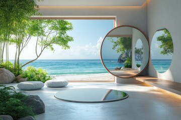 Fototapeta premium Modern Minimal Interior with Circular Mirror and Ocean View