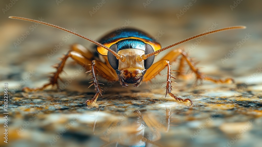 Poster close-up of a vibrant cockroach on a reflective surface, showcasing its intricate features and color