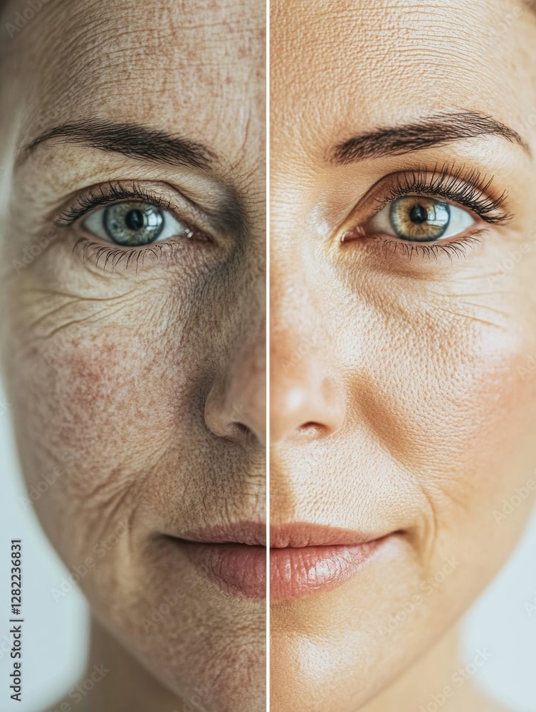Leinwandbilder Transformation of skin appearance showcasing aged and youthful features side by side with changes in texture and tone. Generative AI