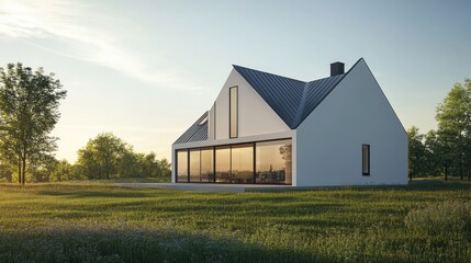 Obraz premium Modern White House with Dark Roof, Large Windows, and Green Field