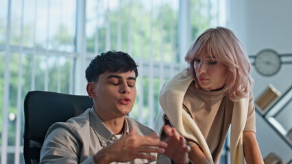 Project managers discussing ideas interacting together in modern office closeup