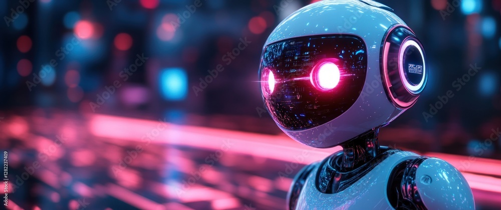 Poster cybersecurity robot with orb protecting against internet scam and cybercrime