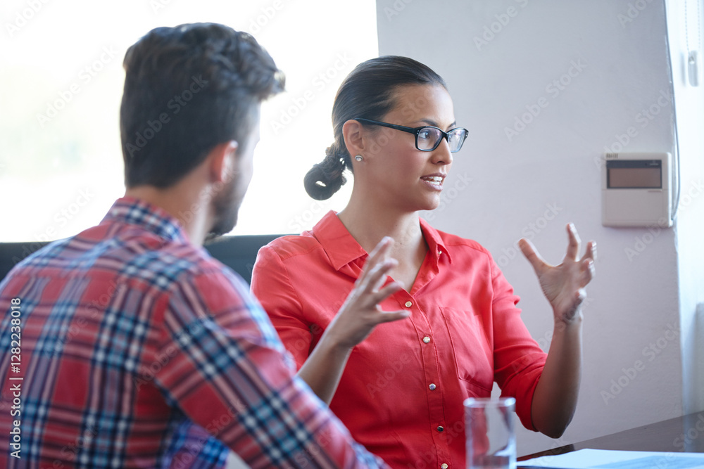 Poster collaboration, explain and project management with business people meeting in office together. idea,