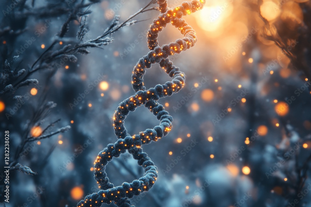 Poster intricate dna helix glowing in a frost-covered forest during sunset with shimmering particles in the