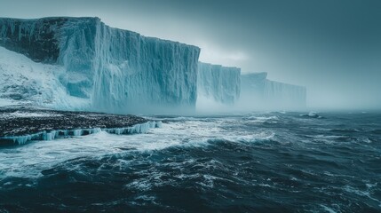 Icy coastal cliffs with stormy sea, ideal for nature documentaries