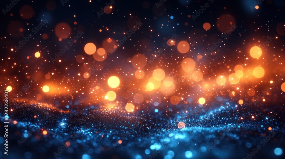 Poster textured abstract background with blue and orange gradient soft bokeh lights