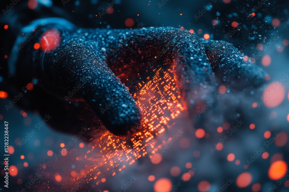 Poster creating light patterns with hands in a dark environment filled with sparks and glowing particles