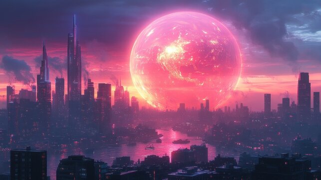 Futuristic City Skyline with Neon Lights and Digital Elements in Cyberpunk Art Style