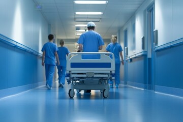 Healthcare professionals moving down a hospital corridor with a patient bed in tow during a busy shift