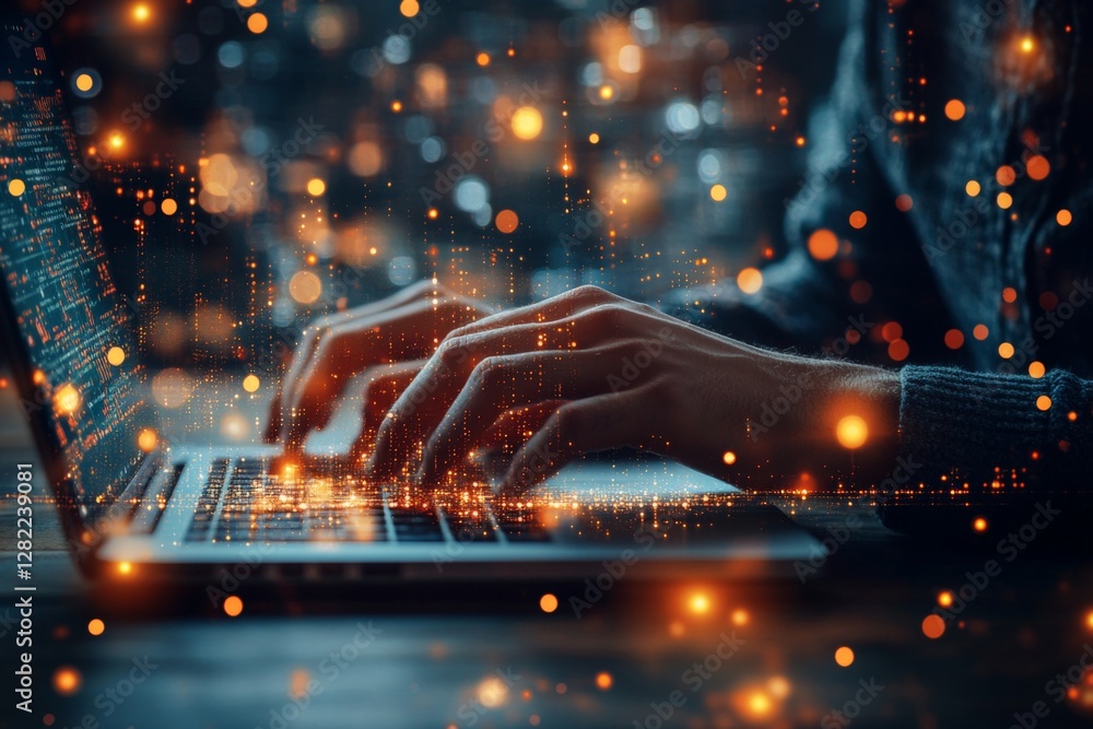 Poster hands typing on a laptop with glowing binary code and sparkles in a cozy workspace