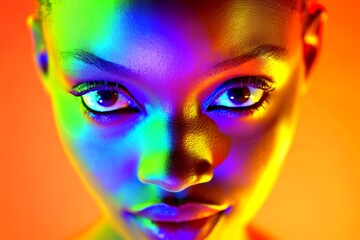 Lovely smiling black girl - for ads, print ad and social apps use. Commercial ad concept art art. Short coiffure - multicolored hair. Black woman fashion. Colored short hair. Black model shoo.