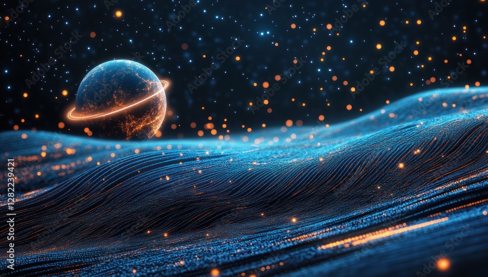 Poster illuminated planet orbiting within a digital wave