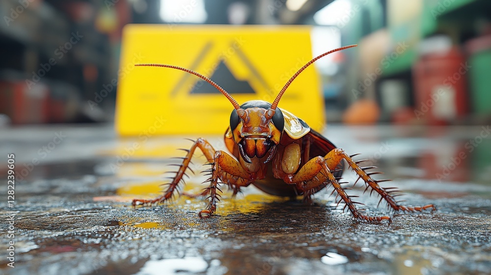 Poster close-up of a cockroach on a wet surface with a caution sign in a cluttered environment
