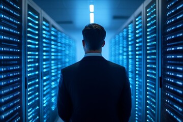 Business professional examines server room filled with illuminated technology in modern data center