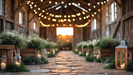 Fototapeta premium Beautifully decorated barn interior with flowers and lights during sunset for a romantic event