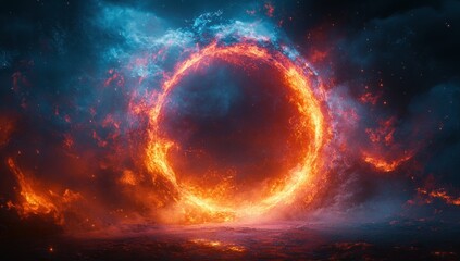 Vibrant Circular Portal with Swirling Flames and Ethereal Light on Dark Background in Sci-Fi Art Style