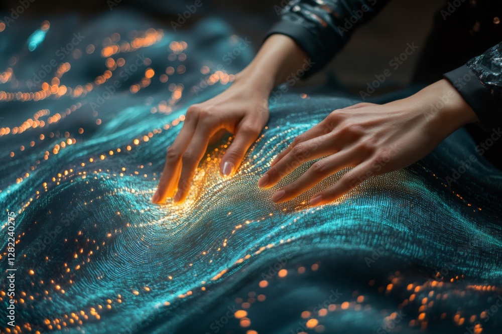 Poster hands create a luminous wave effect on a shimmering textile with glowing particles during a creative