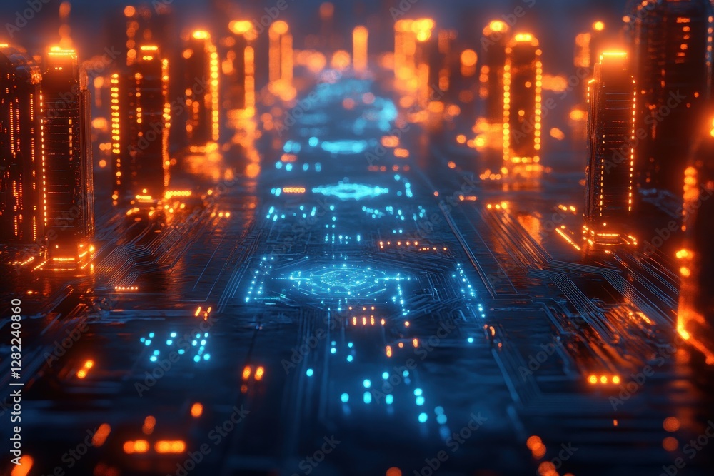 Poster Futuristic Digital Circuit Network Overlay Effect with Transparent Background High Technology Abstract Design