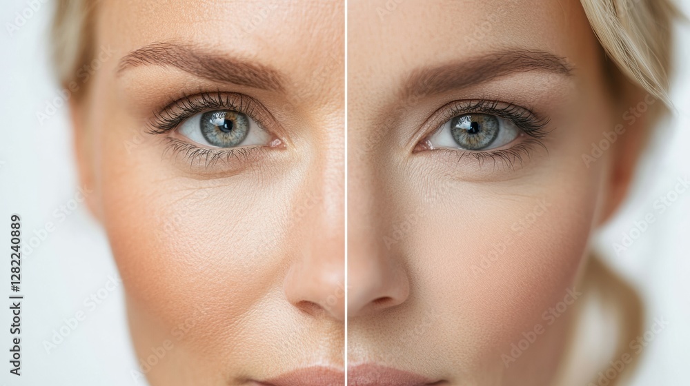 Poster Effect of aging on skin appearance shown through split screen of a womans face with visible wrinkles and smooth skin. Generative AI