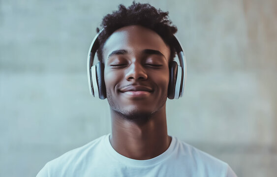 Young man enjoying music with headphones on, eyes closed