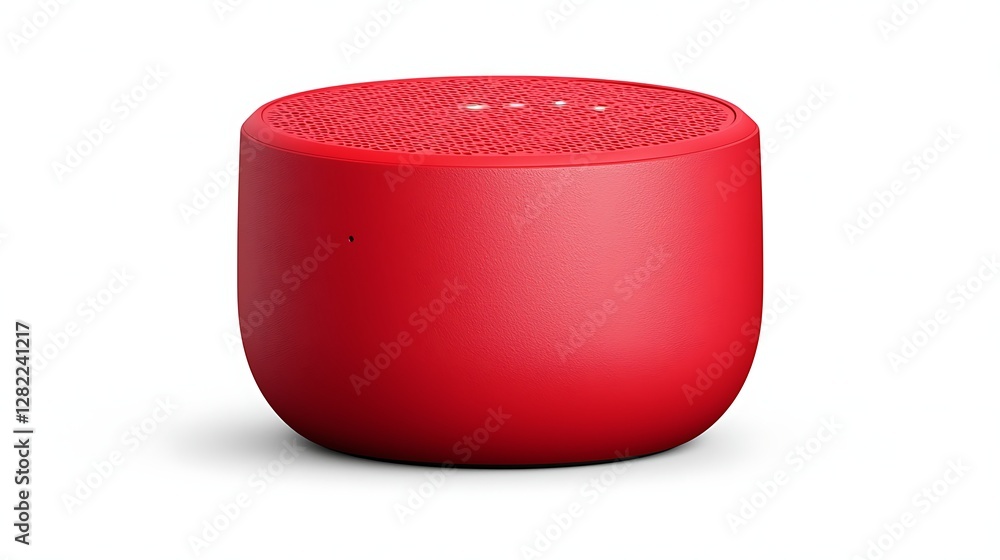 Poster Red Compact Audio Player Device for Music and Podcasts on White Backdrop Studio Shot With Clean Look and Precise Detailing