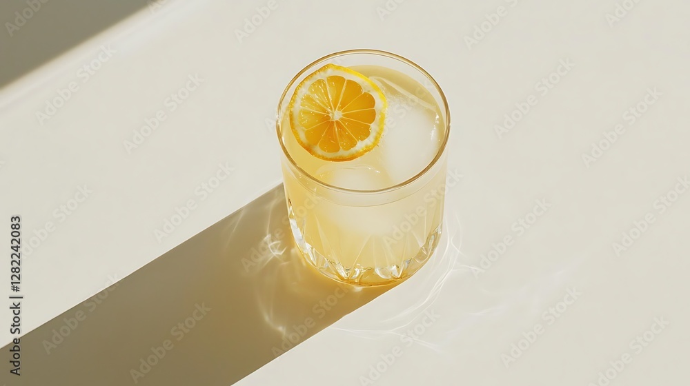 Poster refreshing lemonade cocktail with ice cubes and lemon slice on bright surface in subtle light