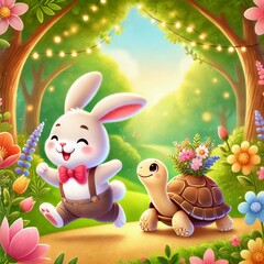 Cheerful Bunny and Turtle in an Enchanted Forest
