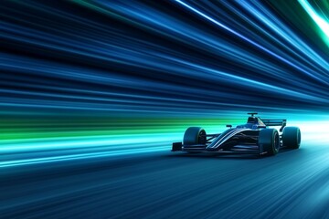 Car is racing down a track with a blurred background