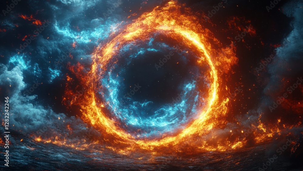 Poster vibrant circular portal of swirling flames and ethereal light in sci-fi style with depth and dark ba