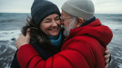 A senior couple embraces warmly on a beach during winter, symbolizing love, companionship, and lifelong relationships.