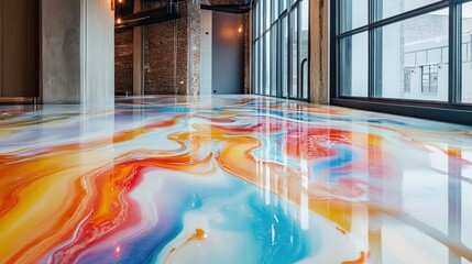 dynamic colored epoxy floor, vibrant patterns with a smooth glossy finish, designed for unique contemporary aesthetics