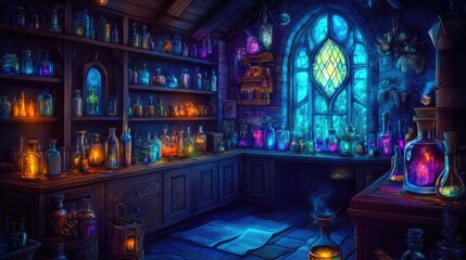 Obraz premium Enchanted Alchemist's Workshop: Glowing Potions and Mystical Glassware
